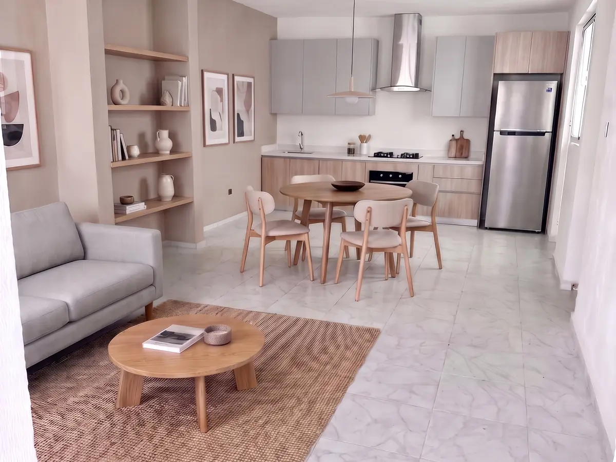 Sala y cocina, ambientación ilustrativa