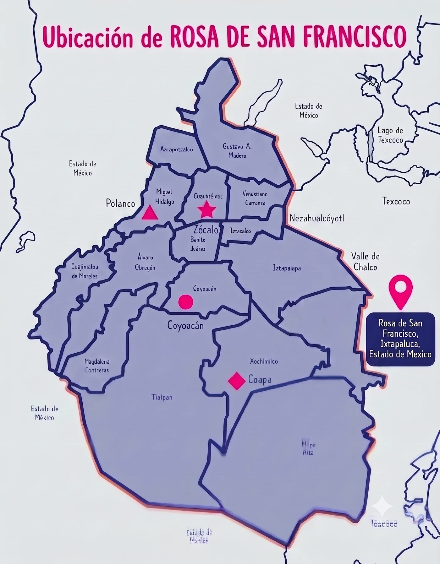 Plano de ubicación de Rosa de San Francisco en Ixtapaluca, con la CDMX, sus alcaldías y puntos de referencia (Zócalo, Polanco, Coapa, Metro La Paz).